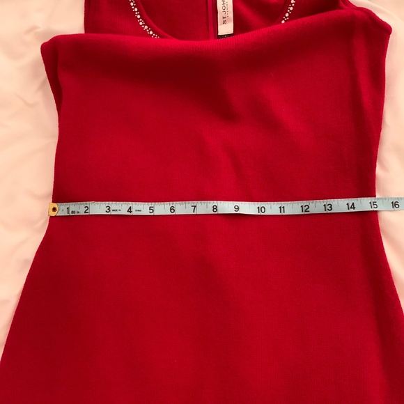St.John Evening Sleeveless Knit Red Holiday Dress Rhinestone Neckline 6 - Picture 8 of 12